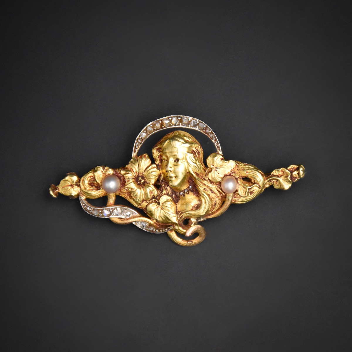 Broche Art Nouveau à visage de femme - Travail français-photo-2