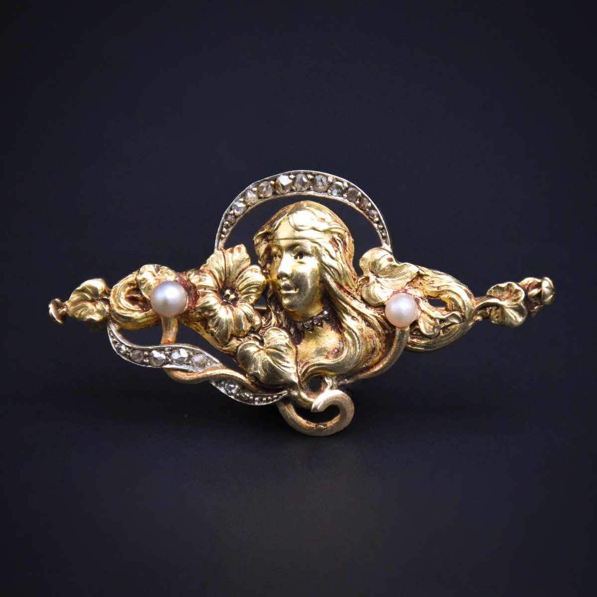 Broche Art Nouveau à visage de femme - Travail français-photo-3