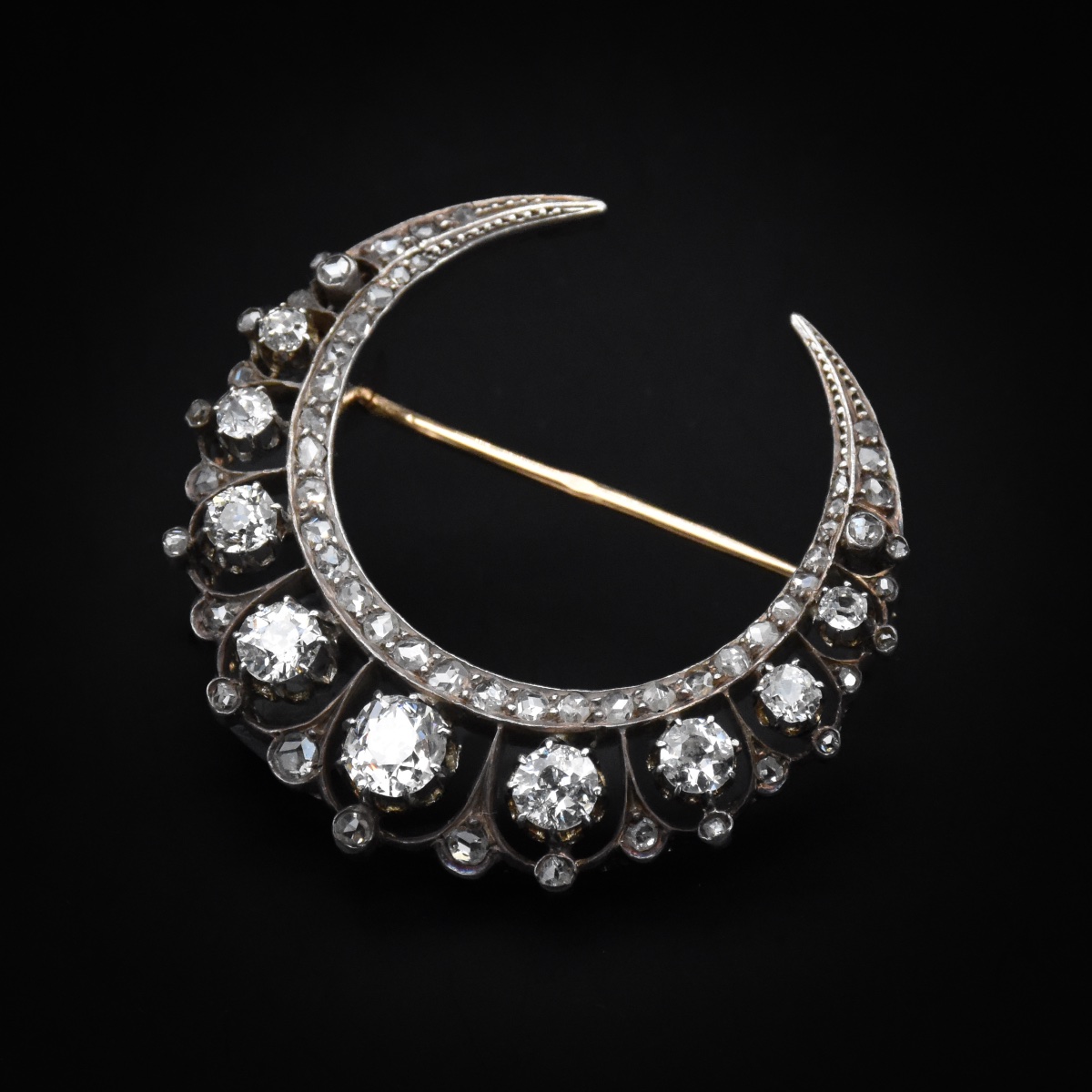 Broche croissant de lune en or, argent et diamants - Travail français, fin XIXe siècle-photo-3