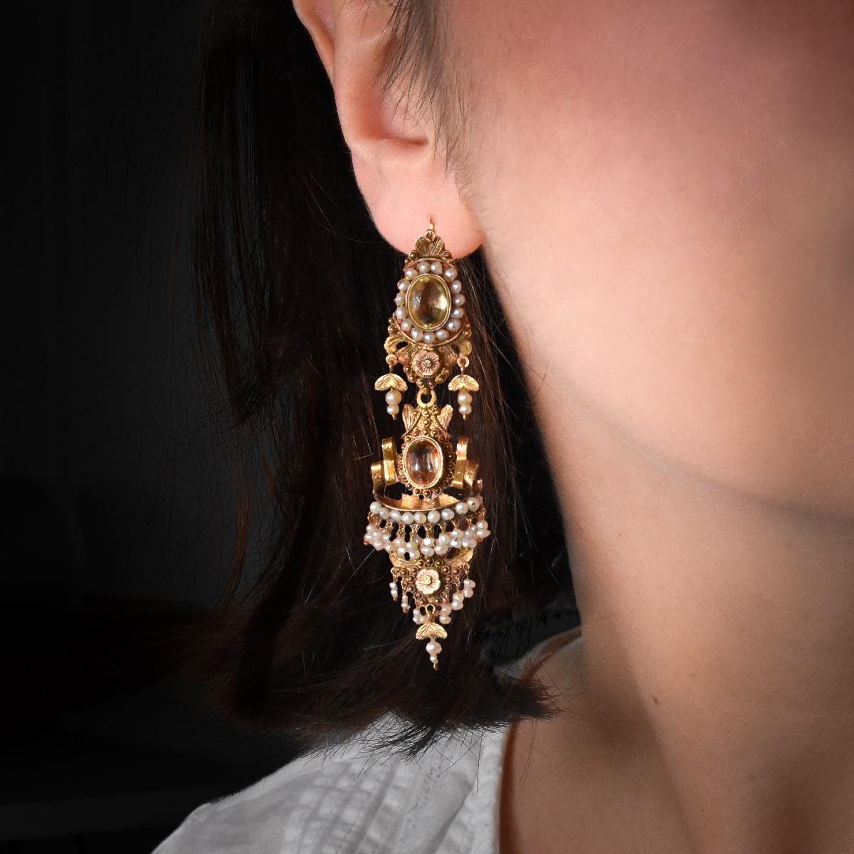 Gold, Citrine, And Pearl Earrings - Circa 1830-photo-3