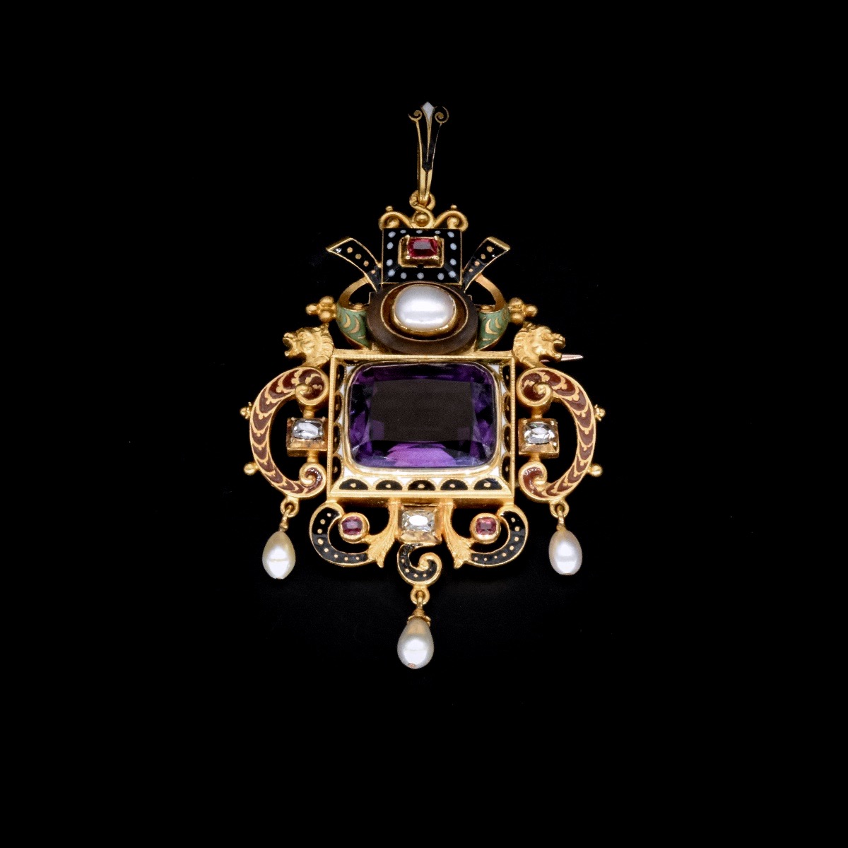 Neo-renaissance Brooch-pendant In Gold, Amethyst, And Enamel - Vienna, 19th Century