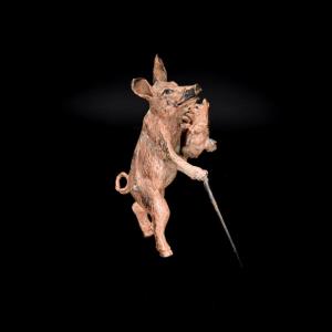 Pig With A Walking Stick Carrying Its Piglet, Viennese Bronze, Bergmann, Late 19th Century