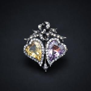 Double Heart Citrine And Amethyst Brooch, Early 19th Century