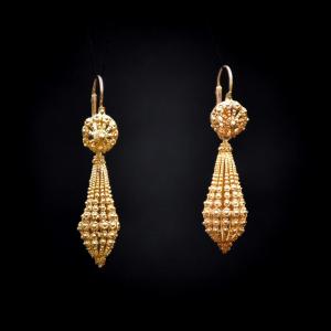 Cannetille And Gold Graineti Earrings, French Work Between 1819-1838