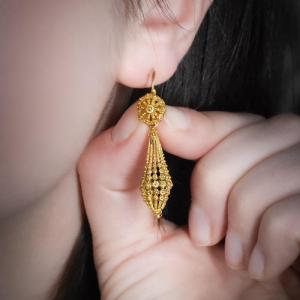 Cannetille And Gold Graineti Earrings, French Work Between 1819-1838