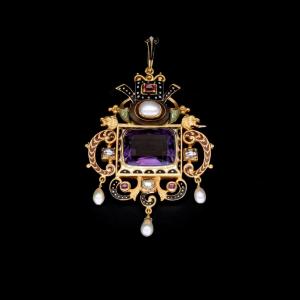 Neo-renaissance Brooch-pendant In Gold, Amethyst, And Enamel - Vienna, 19th Century
