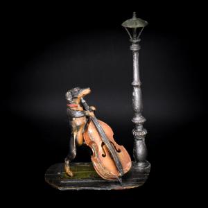 Grand teckel à la contrebasse - Bronze de Vienne, Bergmann, vers 1900