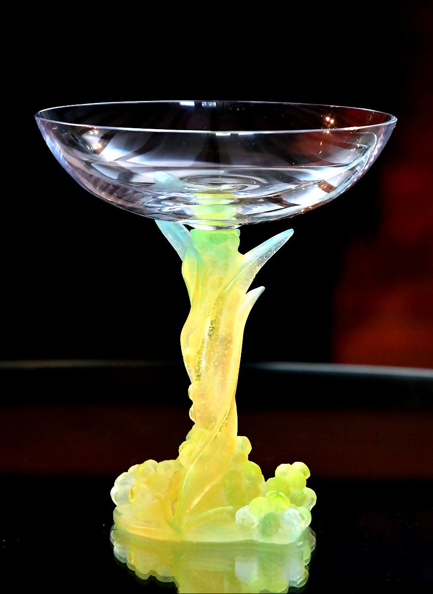 Daum France. Standing Bowl, “mimosa” Model, In Clear Crystal And Yellow Crystal Paste.
