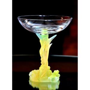 Daum France. Standing Bowl, “mimosa” Model, In Clear Crystal And Yellow Crystal Paste.