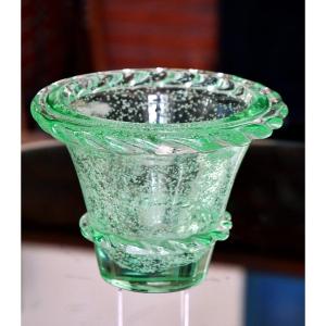 Daum Nancy. Important Flared Vase, In Solid Green Tinted Glass, Art Deco Period.