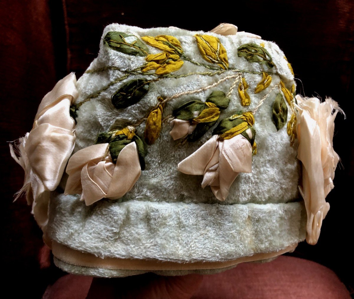 Textile Capote Bonnet Debut XIXth Century Pink Silk Embroidery-photo-3