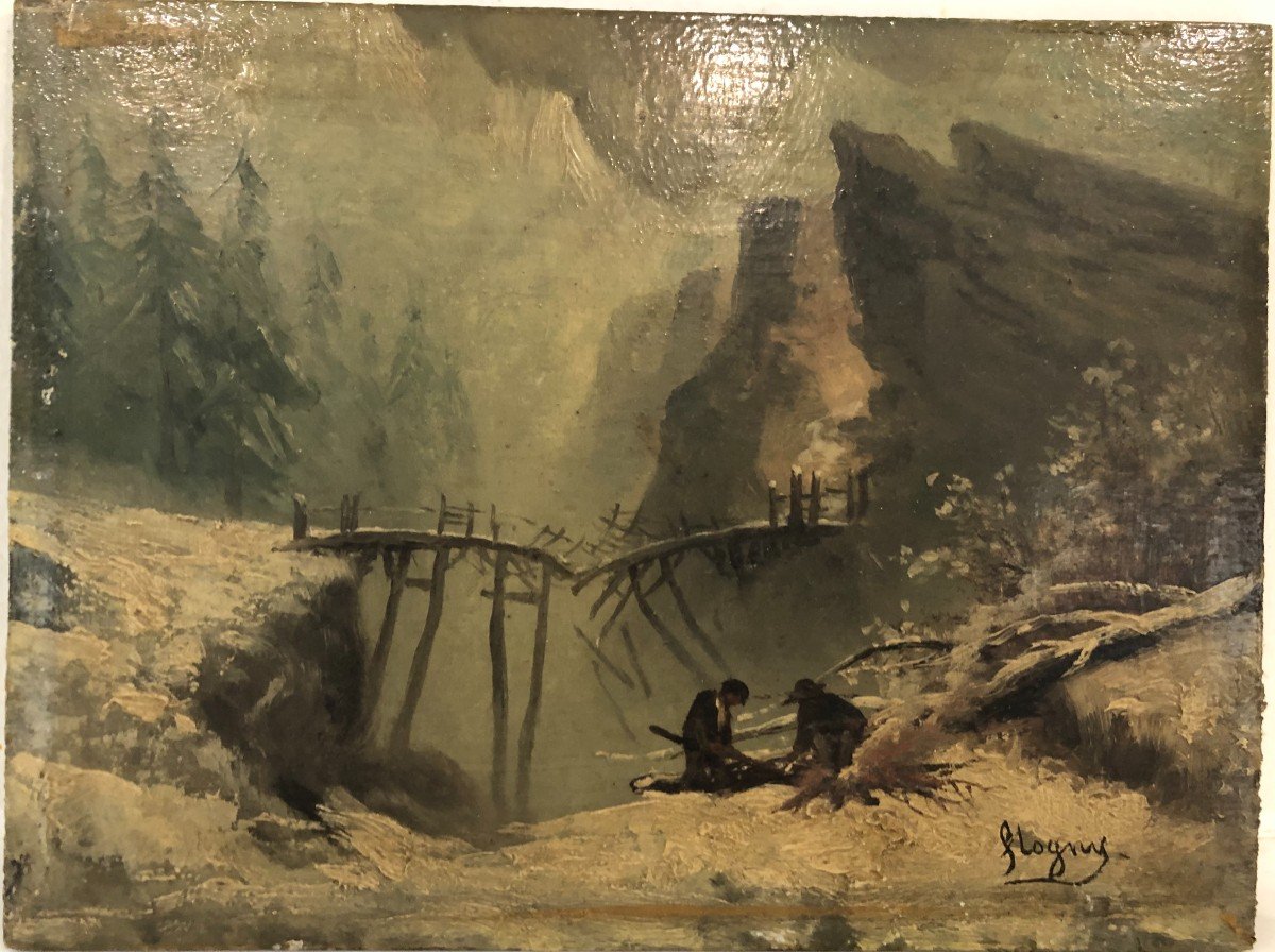 Oil Painting On Wooden Panel Snow Landscape And Characters 19th Century Signed-photo-3