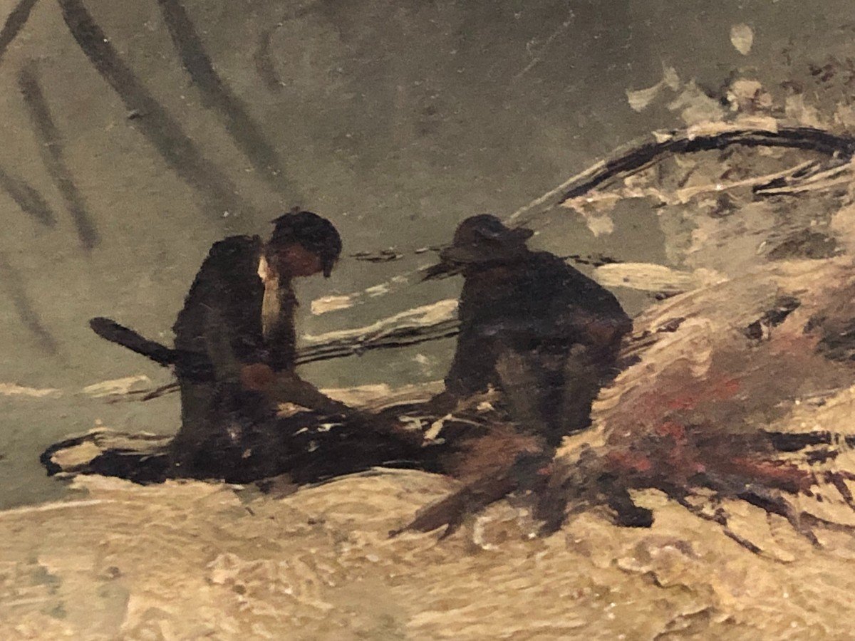Oil Painting On Wooden Panel Snow Landscape And Characters 19th Century Signed-photo-3