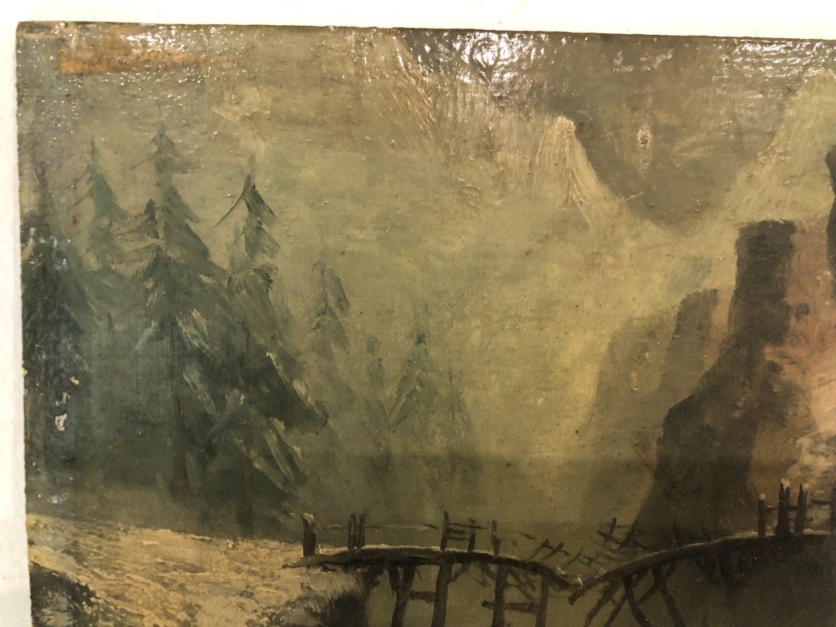 Oil Painting On Wooden Panel Snow Landscape And Characters 19th Century Signed-photo-4
