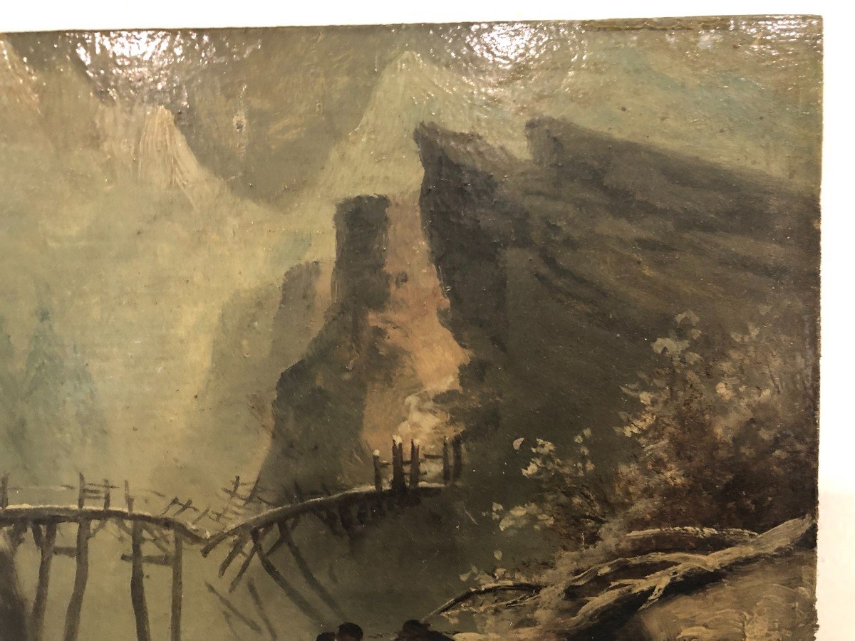 Oil Painting On Wooden Panel Snow Landscape And Characters 19th Century Signed-photo-2