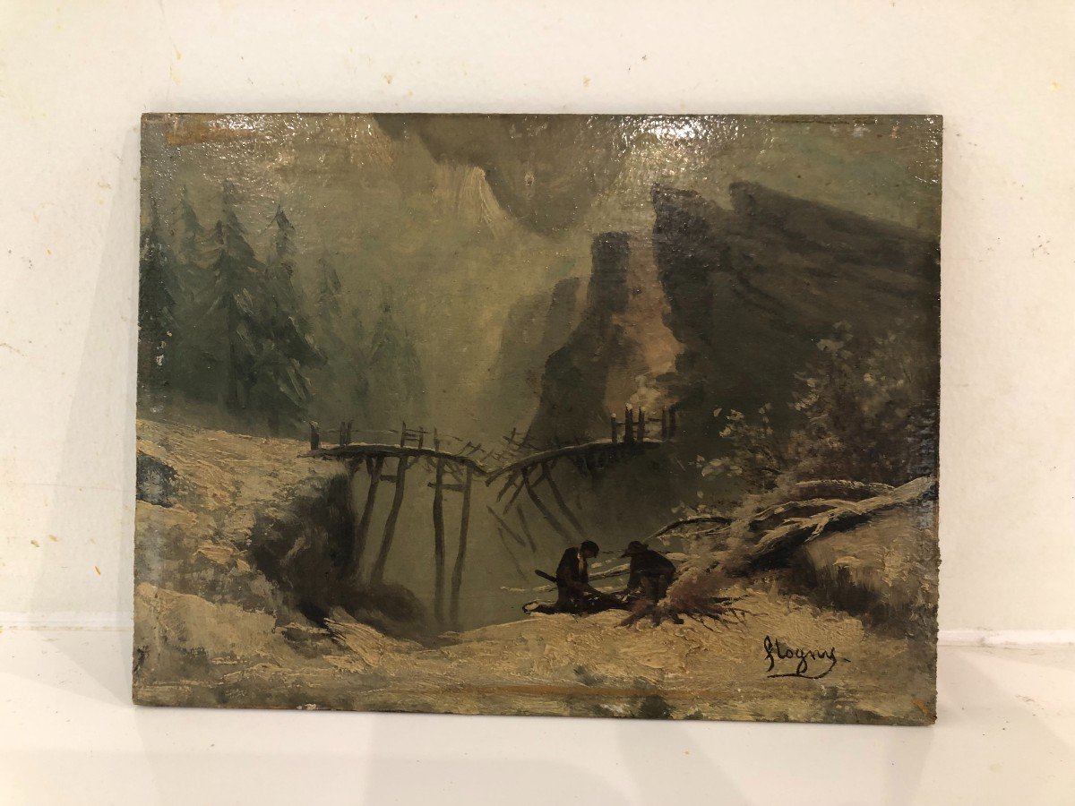 Oil Painting On Wooden Panel Snow Landscape And Characters 19th Century Signed