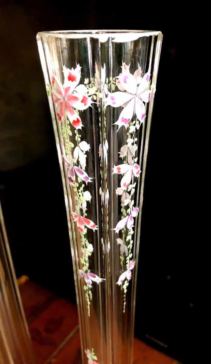 Paire De Grands Soliflore vase XIXème Siècle Cristal Baccarat Emaille -photo-3