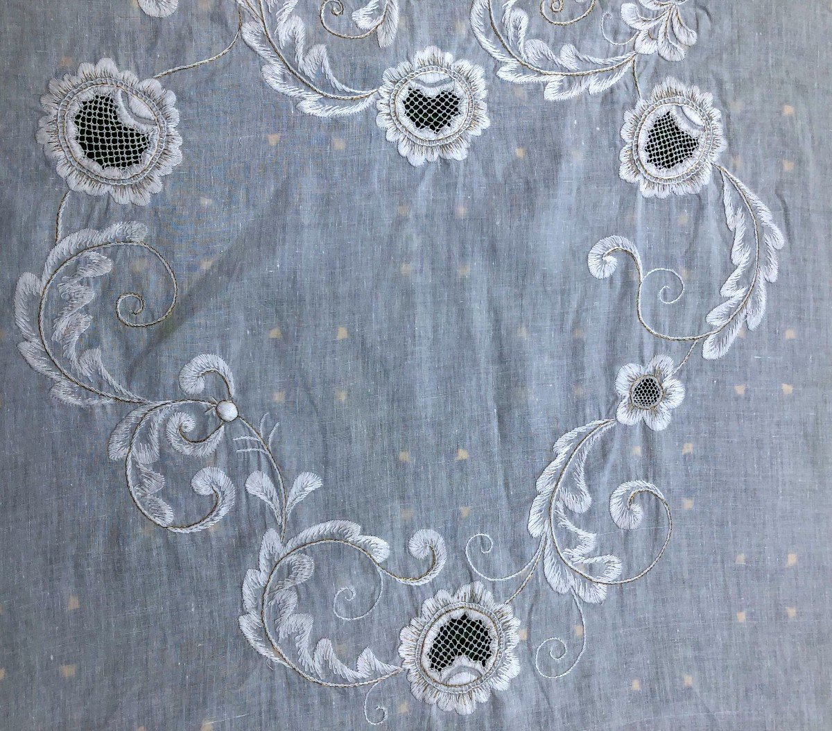 Nappe Fil De Lin Brodee Main Et Fil Metallique Art Nouveau-photo-2