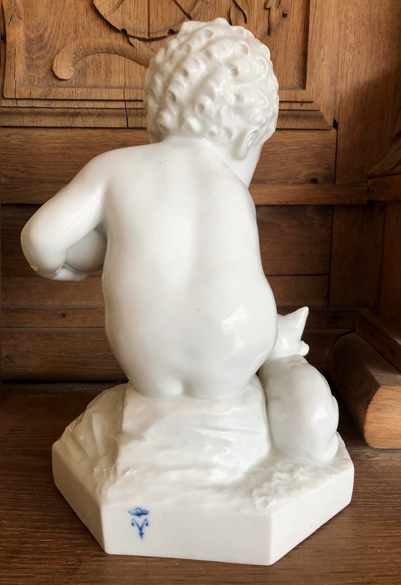 Statue sculpture en Porcelaine Biscuit Villenauxe La Grande  XXème Siècle Enfant chérubin putti et Chat-photo-3