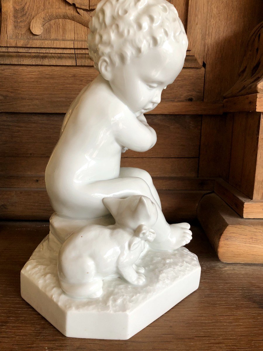 Biscuit Villenauxe La Grande 20th Century Porcelain Sculpture Statue Cherub Child Putti And Cat-photo-4