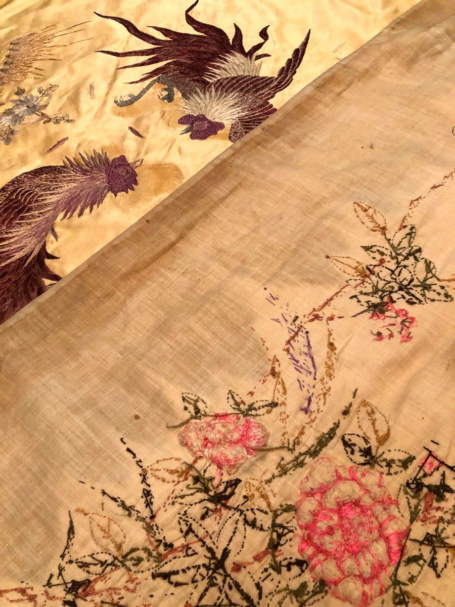 Tissu tenture jaune d or Broderie Main Vietnam Combat De Coq Debut XXème Siecle Asie-photo-6