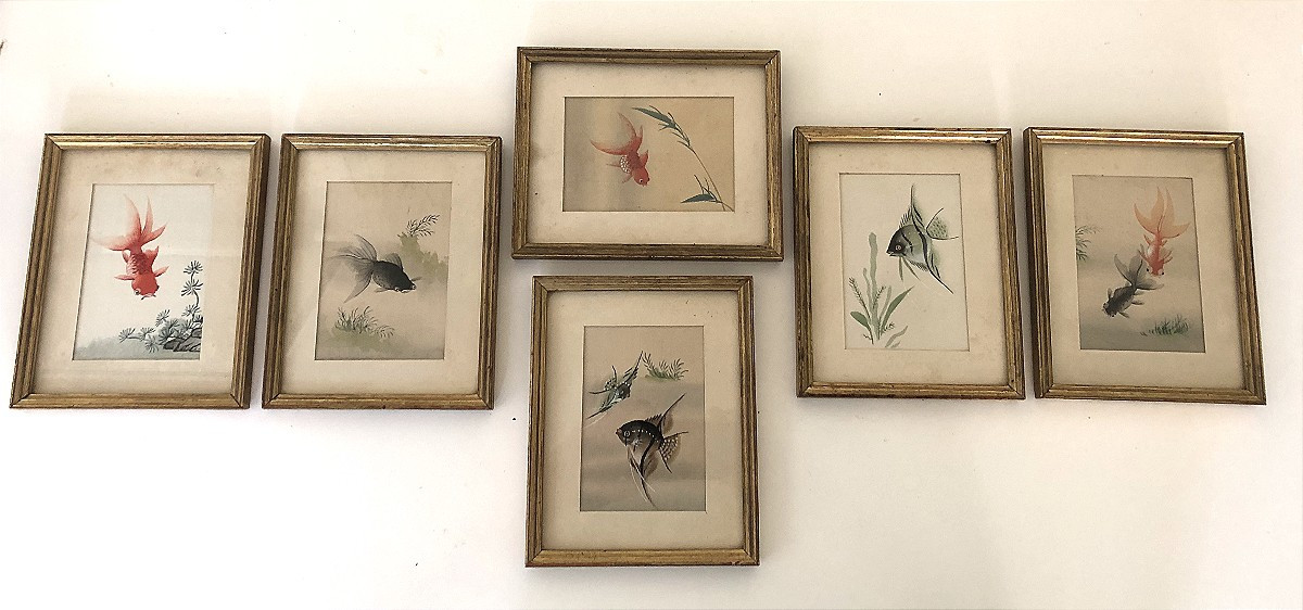 6 Peintures Sur Soie Asie Debut XXème Siecle Cadre Poissons