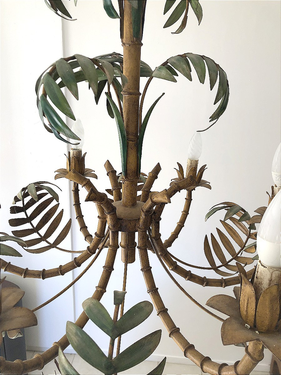 Six-arm Six-light Pendant Chandelier Vintage Bamboo Palm Tree In Metal Plant Decor-photo-4