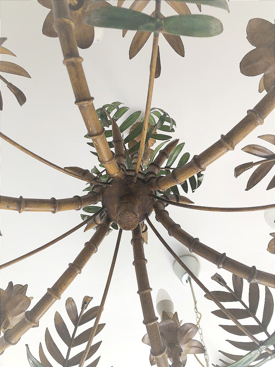 Six-arm Six-light Pendant Chandelier Vintage Bamboo Palm Tree In Metal Plant Decor-photo-1