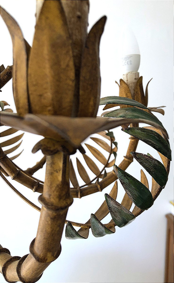 Six-arm Six-light Pendant Chandelier Vintage Bamboo Palm Tree In Metal Plant Decor-photo-2