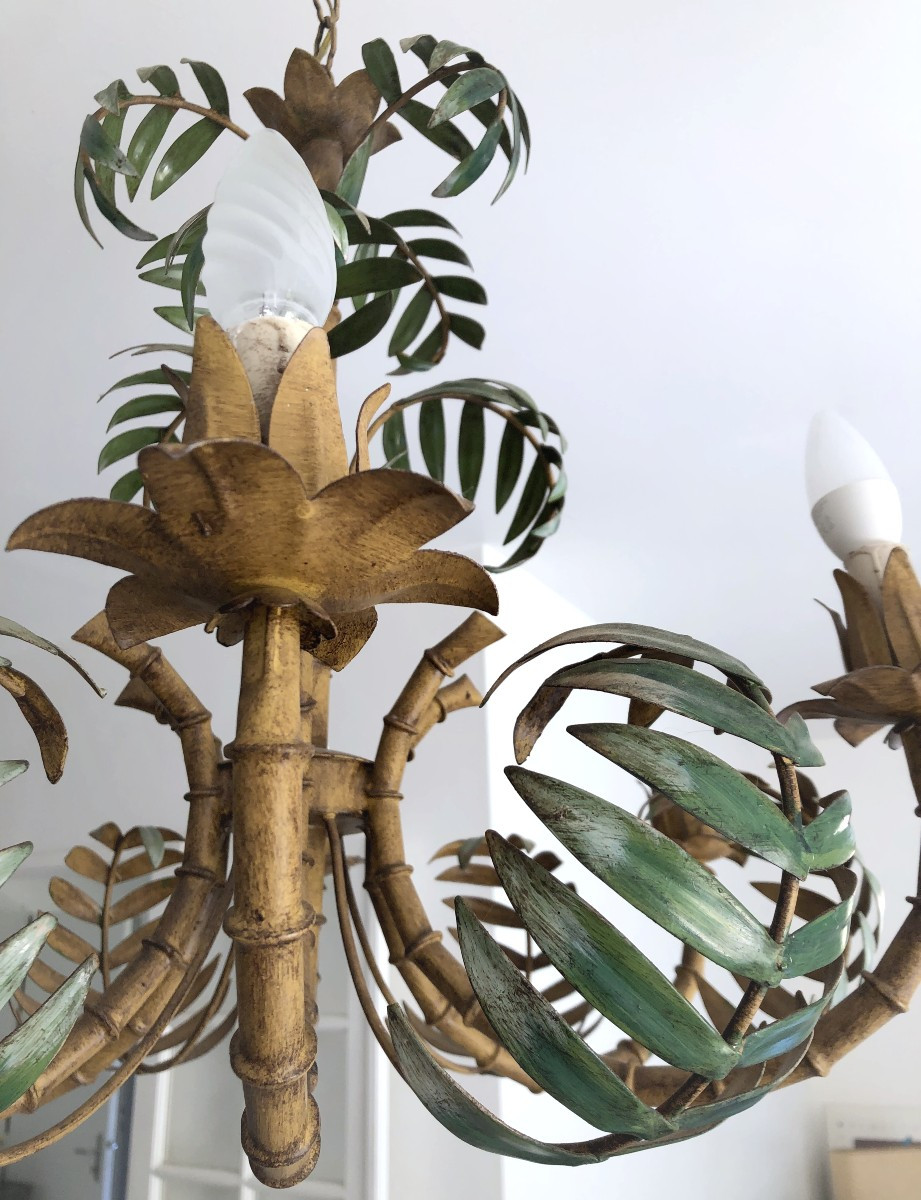 Six-arm Six-light Pendant Chandelier Vintage Bamboo Palm Tree In Metal Plant Decor-photo-4