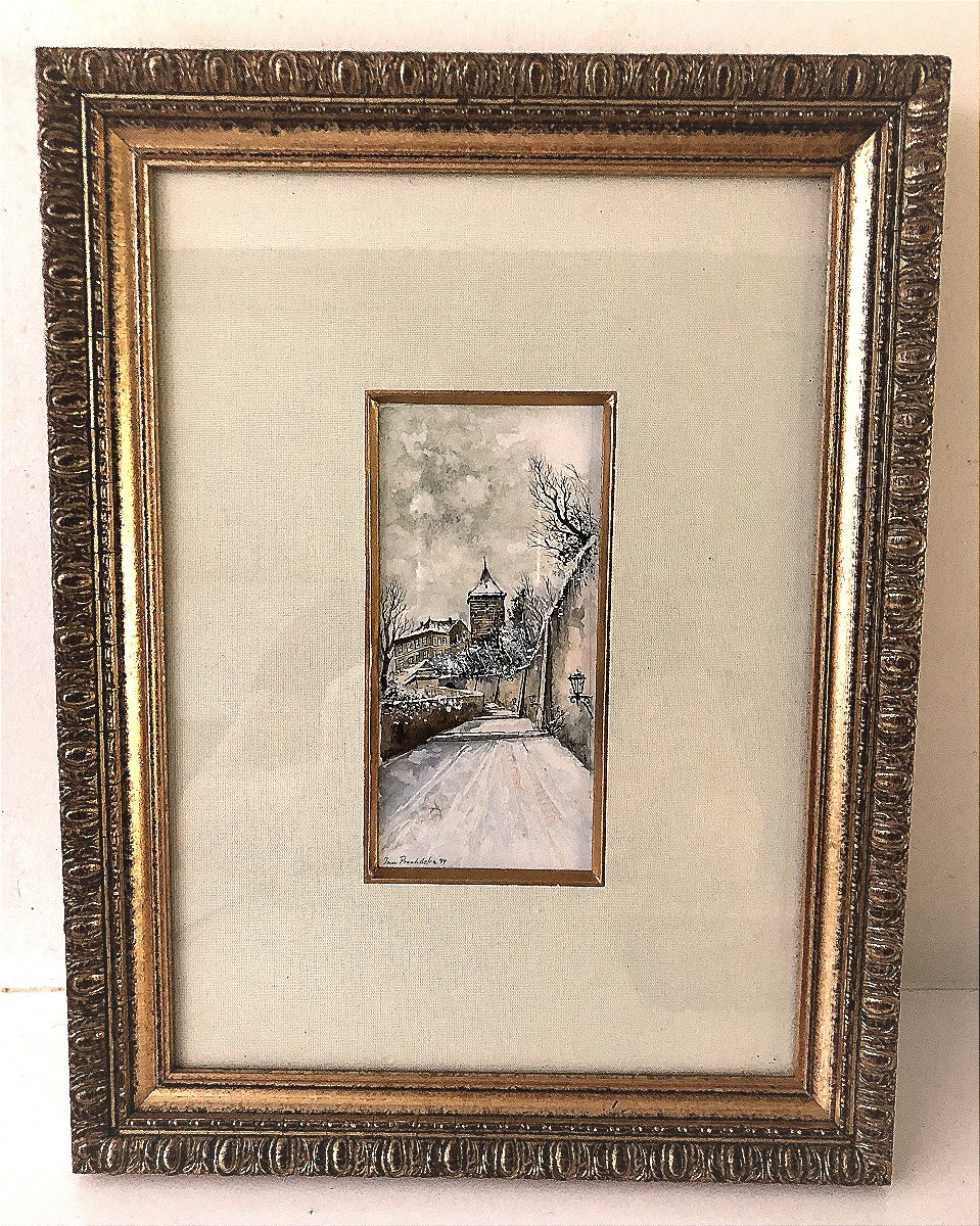 Watercolor Drawing Snowy Landscape Golden Frame Painting 
