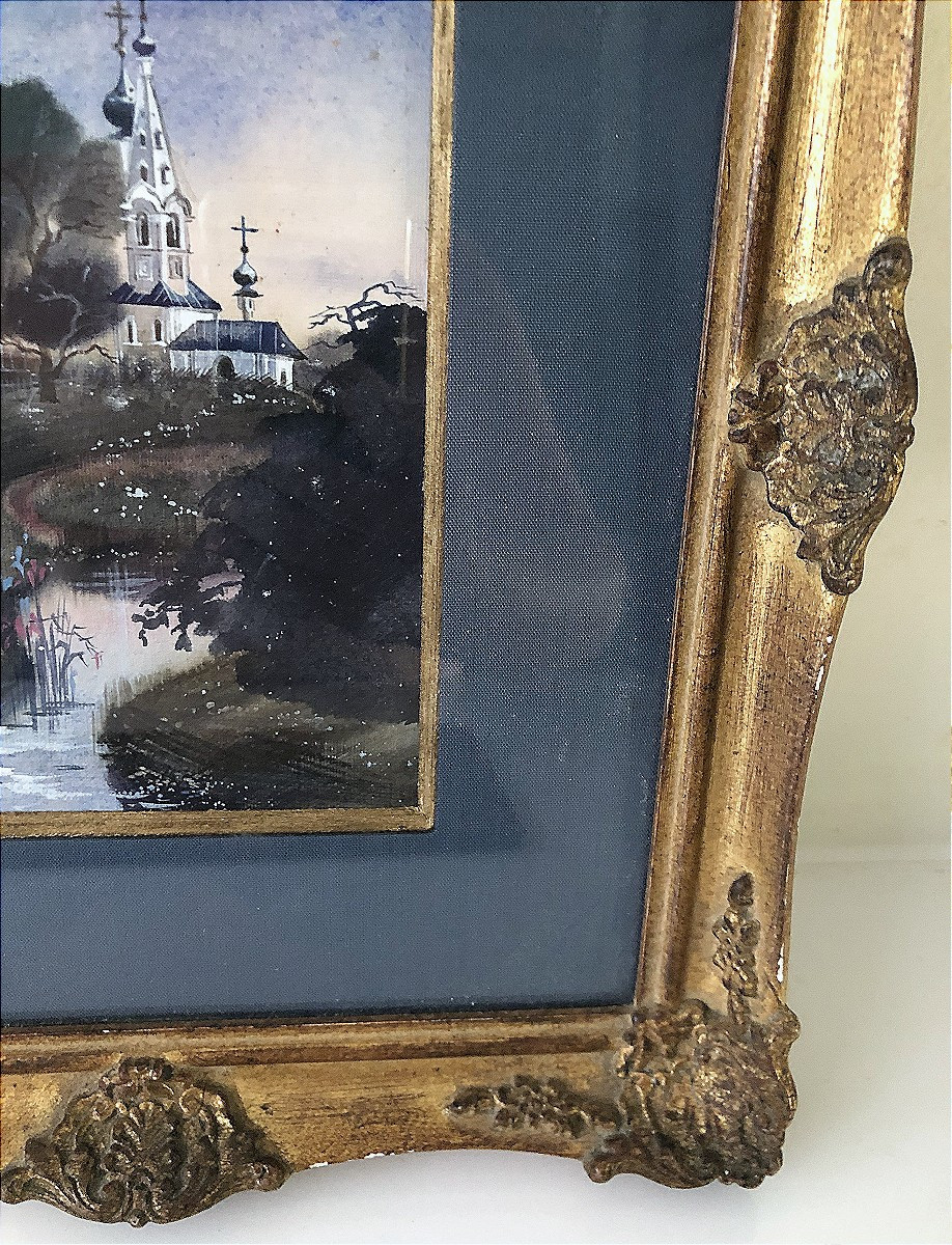 Watercolor Russian Orthodox Landscape Gilt Wood Frame Painting-photo-2