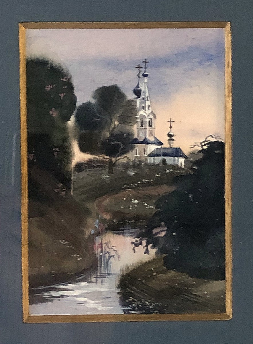 Watercolor Russian Orthodox Landscape Gilt Wood Frame Painting-photo-3