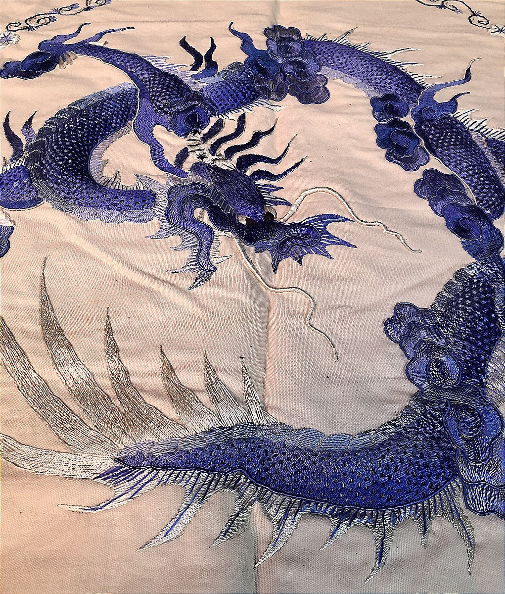 TISSU TENTURE BRODERIE AU 5 DRAGONS ASIE CHINE VIETNAM-photo-2