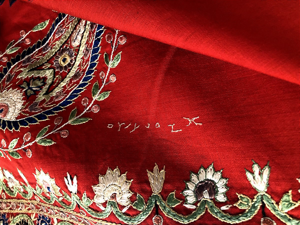 TISSU ANCIEN CACHEMIRE PASHMINA ANDRINOPLE SIGNE BRODERIE XIXème SIECLE-photo-2