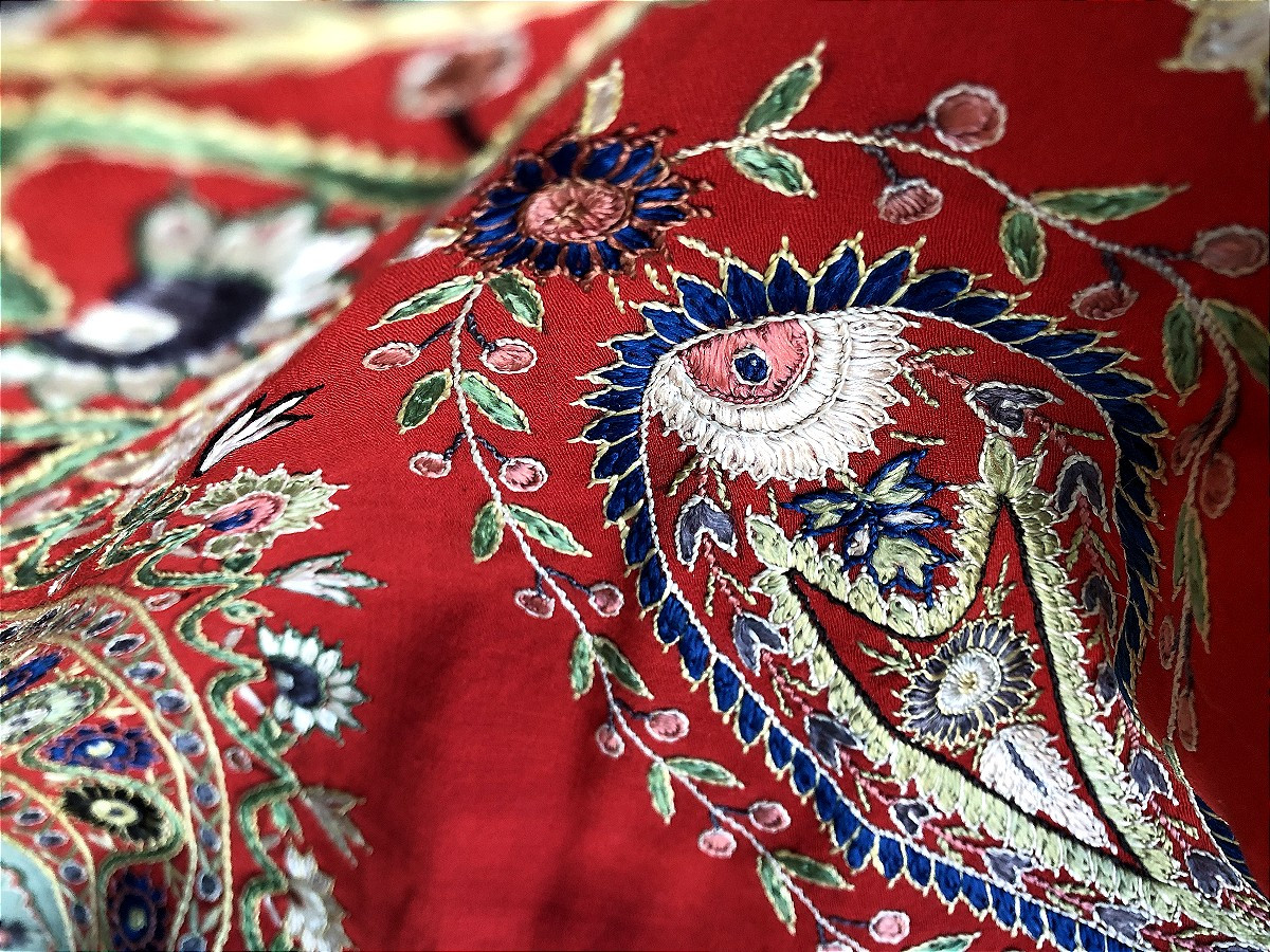 TISSU ANCIEN CACHEMIRE PASHMINA ANDRINOPLE SIGNE BRODERIE XIXème SIECLE-photo-2