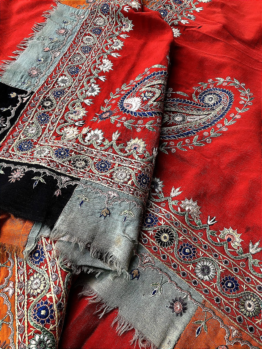 TISSU ANCIEN CACHEMIRE PASHMINA ANDRINOPLE SIGNE BRODERIE XIXème SIECLE