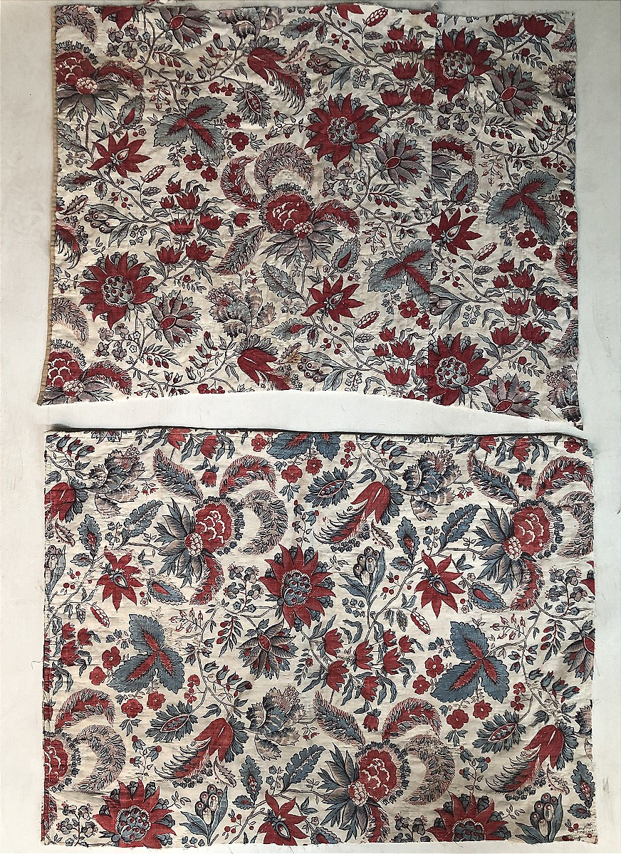 TISSU ANCIEN 7 PIECES INDIENNE IMPRIME XVIIIème SIECLE INDIGO FLEUR ARTICHAUT-photo-4