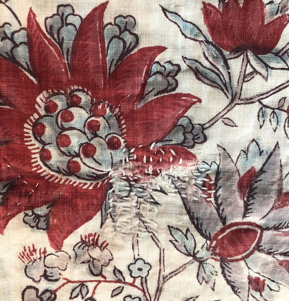 TISSU ANCIEN 7 PIECES INDIENNE IMPRIME XVIIIème SIECLE INDIGO FLEUR ARTICHAUT-photo-7