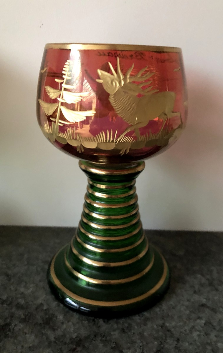 3 VERRES ALSACE  ROEMER A VIN  EN CRISTAL EMAILLE TAILLE COLLECTION ALLEMAGNE-photo-1