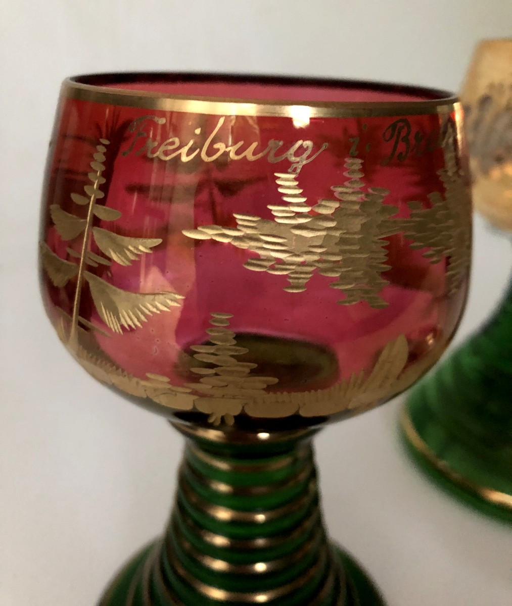 3 VERRES ALSACE  ROEMER A VIN  EN CRISTAL EMAILLE TAILLE COLLECTION ALLEMAGNE-photo-2