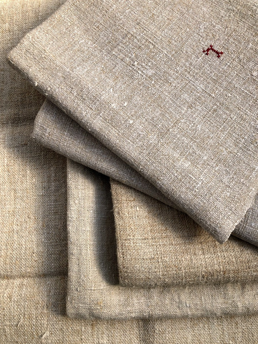 Antique Fabric 5 Tea Towels In Hemp 18th Century-photo-1