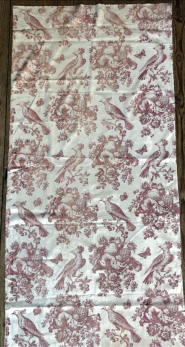TISSU ANCIEN IMPRIME XVIIIème SIECLE TOILE DE JOUY ANANAS OISEAUX PAPILLON-photo-2