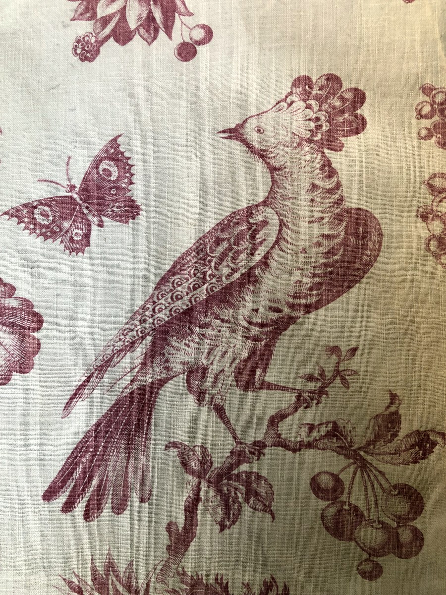 TISSU ANCIEN IMPRIME XVIIIème SIECLE TOILE DE JOUY ANANAS OISEAUX PAPILLON-photo-3