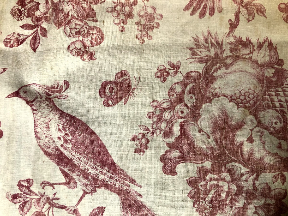 TISSU ANCIEN IMPRIME XVIIIème SIECLE TOILE DE JOUY ANANAS OISEAUX PAPILLON-photo-4