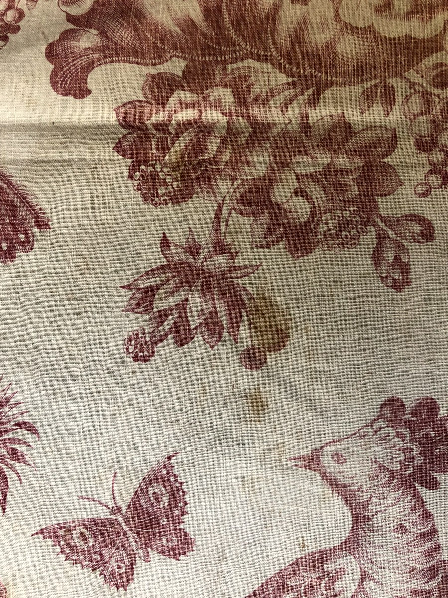 TISSU ANCIEN IMPRIME XVIIIème SIECLE TOILE DE JOUY ANANAS OISEAUX PAPILLON-photo-1