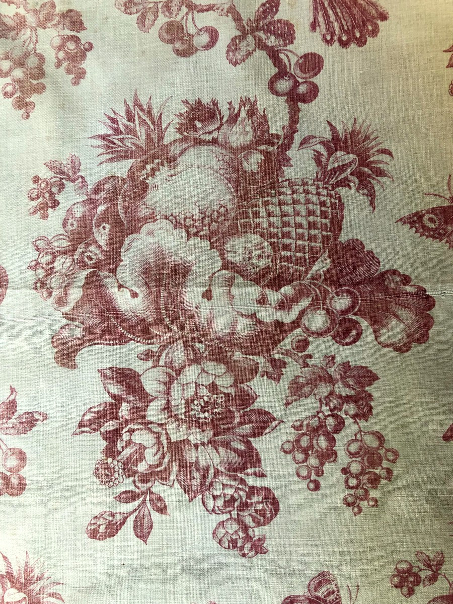 TISSU ANCIEN IMPRIME XVIIIème SIECLE TOILE DE JOUY ANANAS OISEAUX PAPILLON