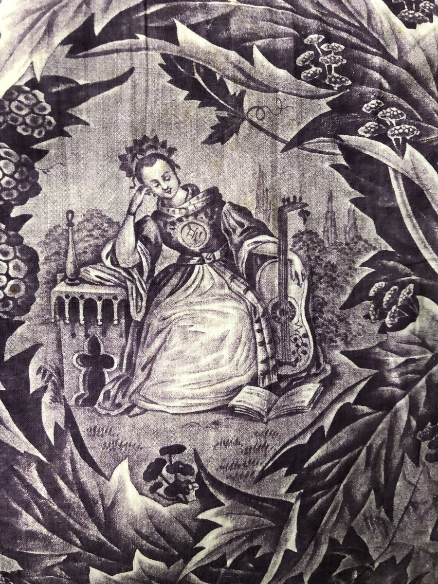 Antique Fabric Piano Set: Cushion And Keyboard Cover, Printed Early 19th Century. Music-photo-2