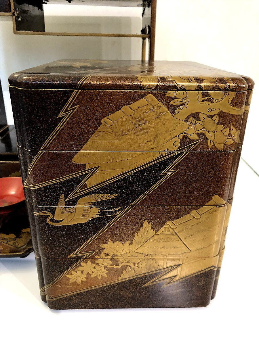 SAGE- JUBAKO NECESSAIRE DE TRANSPORT A PIQUE NIQUE BOITE EN LAQUE JAPONAIS GRUES ASIE-photo-2