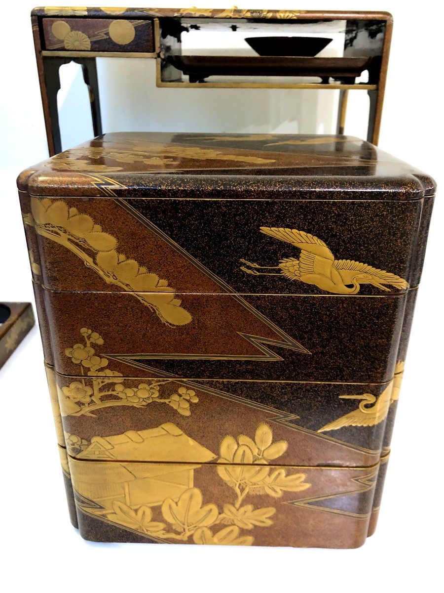 SAGE- JUBAKO NECESSAIRE DE TRANSPORT A PIQUE NIQUE BOITE EN LAQUE JAPONAIS GRUES ASIE-photo-3